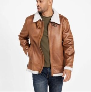Men's Guess Faux-Shearling Suede Sherpa Jacket XL Tan